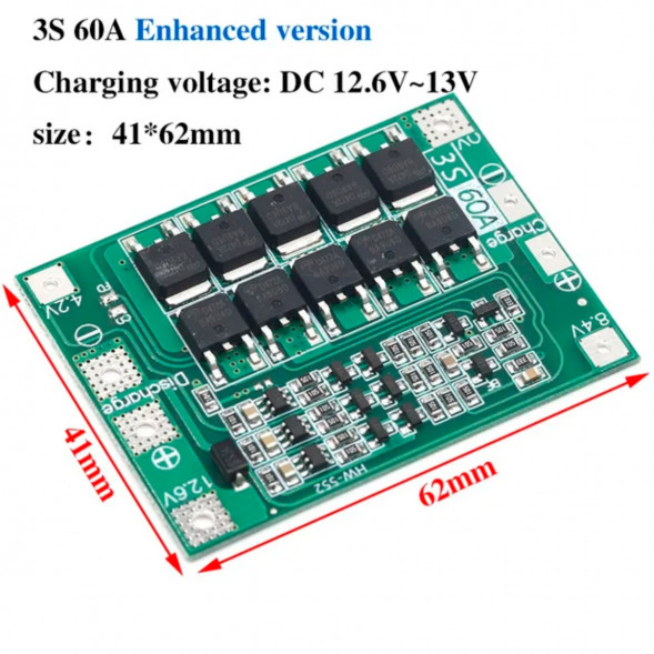 Плата защиты аккумулятора BMS 3S 60A 12.6 для Li-ion в Челябинске